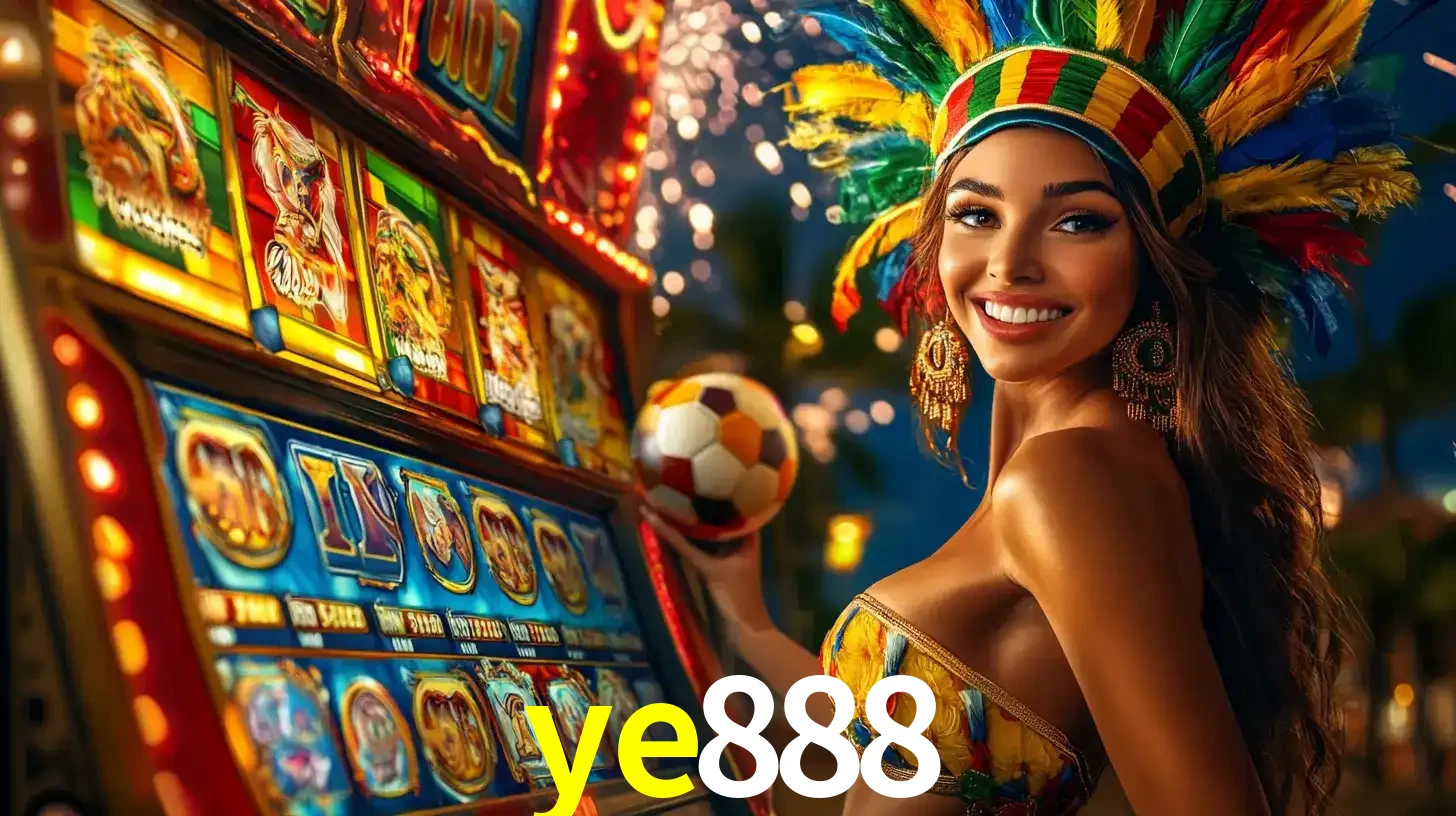 Mulher com um cocar de carnaval ao lado de uma máquina de caça-níqueis enquanto segura uma bola de futebol, mostrando a união da diversão de cassino e esportes no ye888.